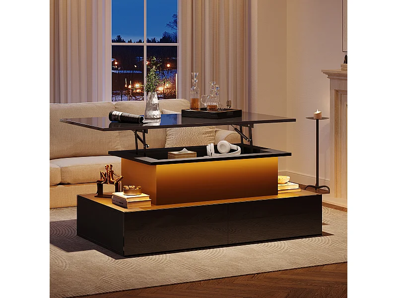 Opklapbare salontafel 90x55x41-54cm met 4 lades, zwart gelakte behuizing, inclusief LED