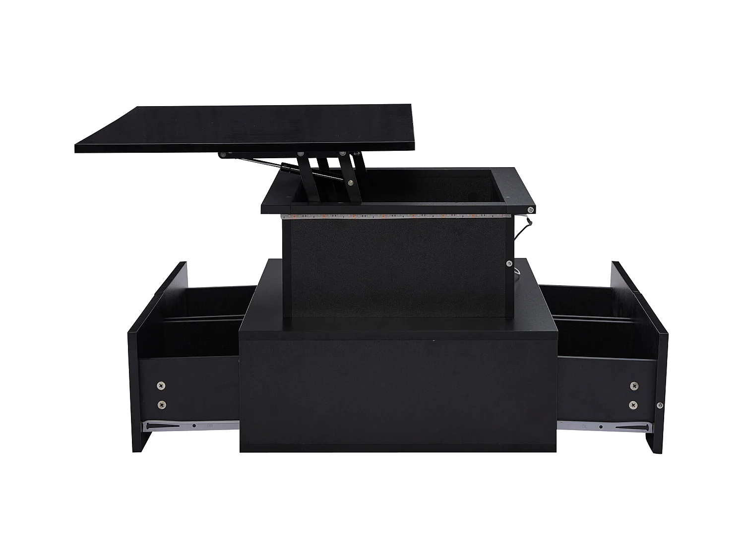 Mesa de centro elevable 90x55x41-54cm con 4 cajones, cuerpo lacado en negro, LED incluido