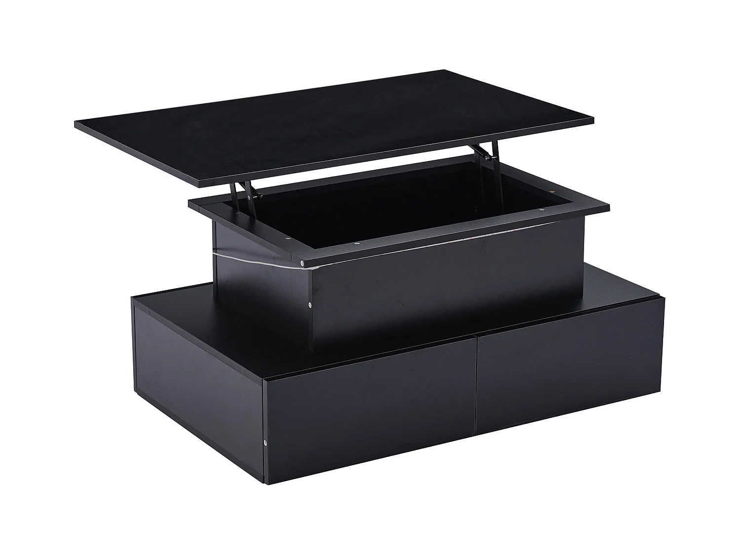 Mesa de centro elevable 90x55x41-54cm con 4 cajones, cuerpo lacado en negro, LED incluido