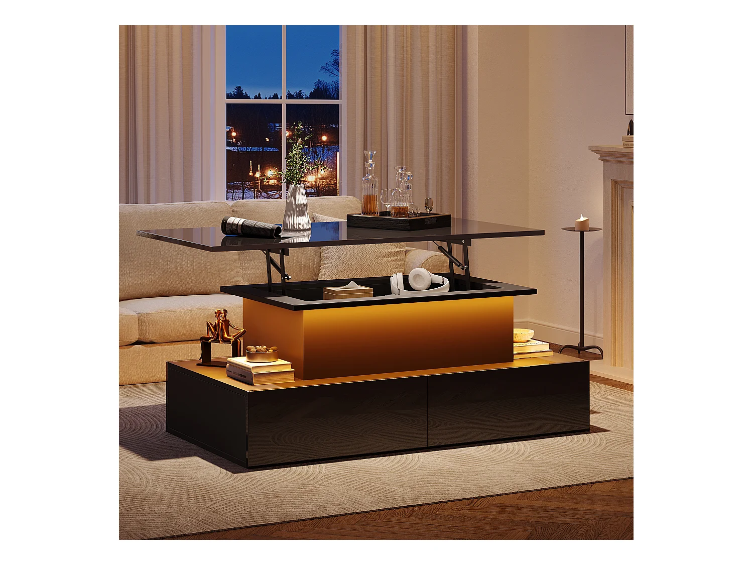 Table basse relevable 90x55x41-54cm avec 4 tiroirs, corps en noir laqué, LED inclus