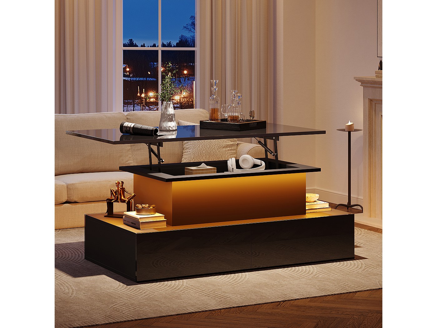Table basse relevable 90x55x41-54cm avec 4 tiroirs, corps en noir laqué ...