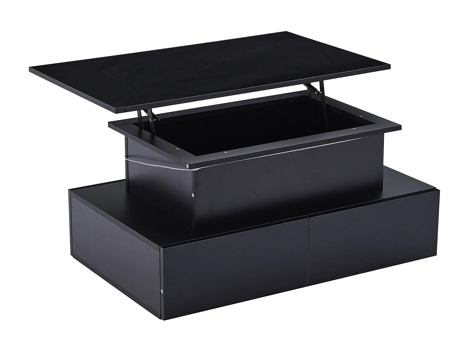 Mesa de centro elevatória 90x55x41-54cm com 4 gavetas, corpo lacado preto, LED incluído