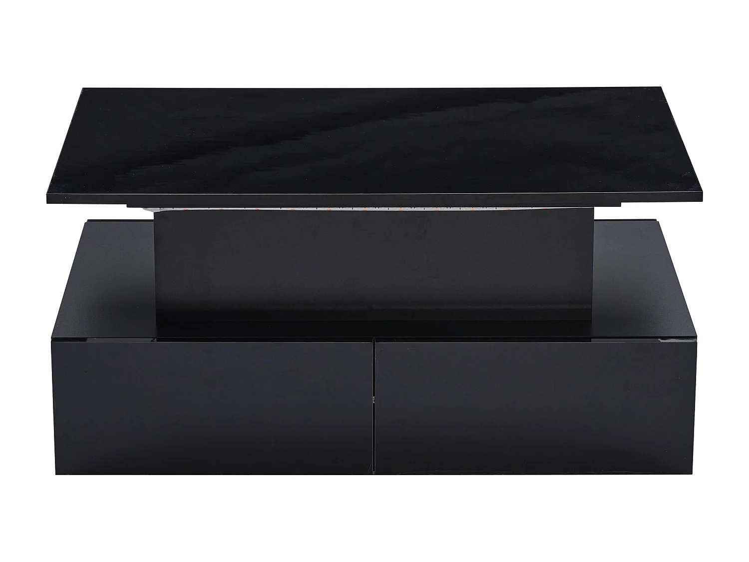 Mesa de centro elevatória 90x55x41-54cm com 4 gavetas, corpo lacado preto, LED incluído
