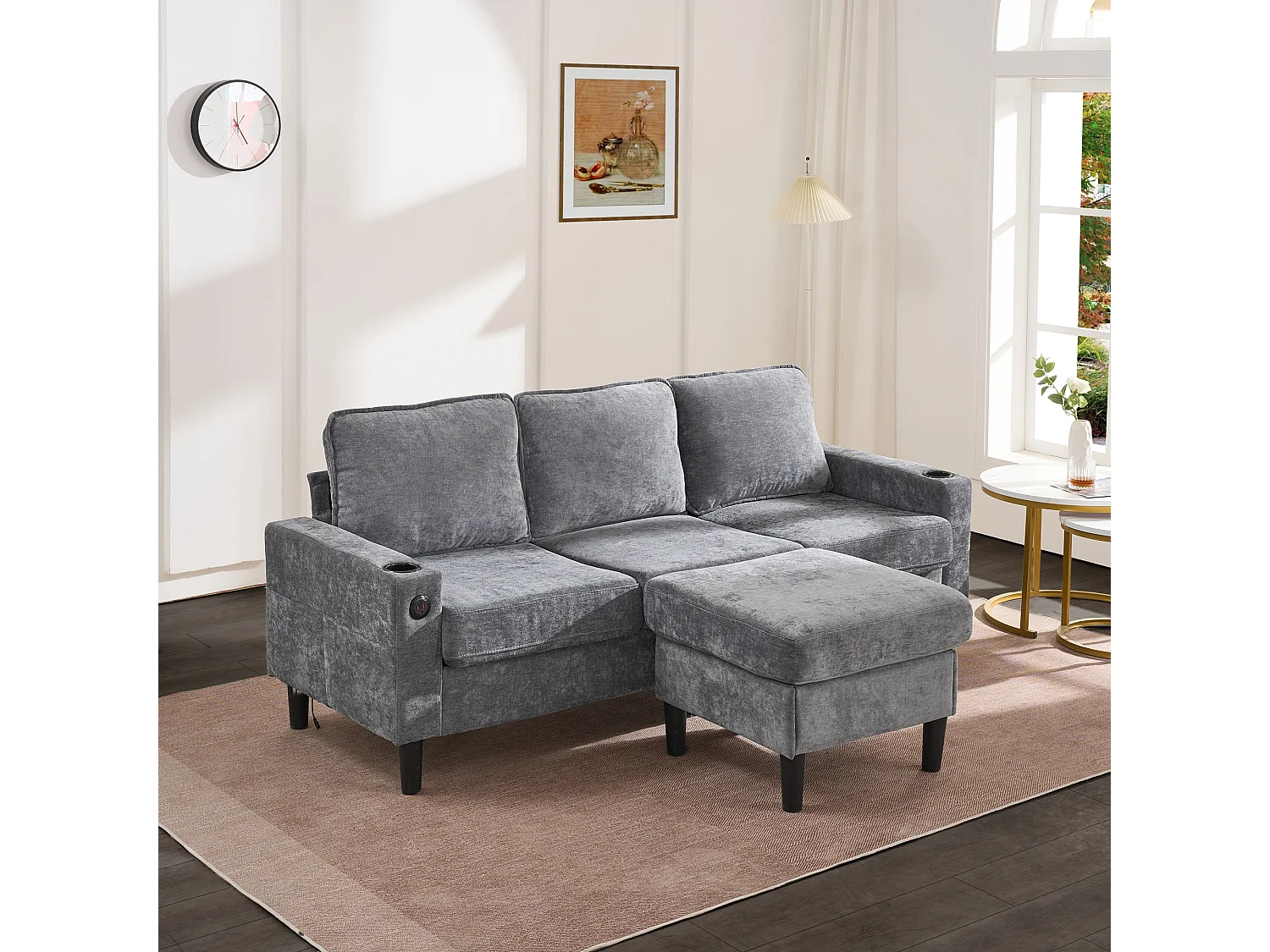 Canapé d'angle reversible 3 places en lin gris, avec ports USB et type-C - 202x137x80cm