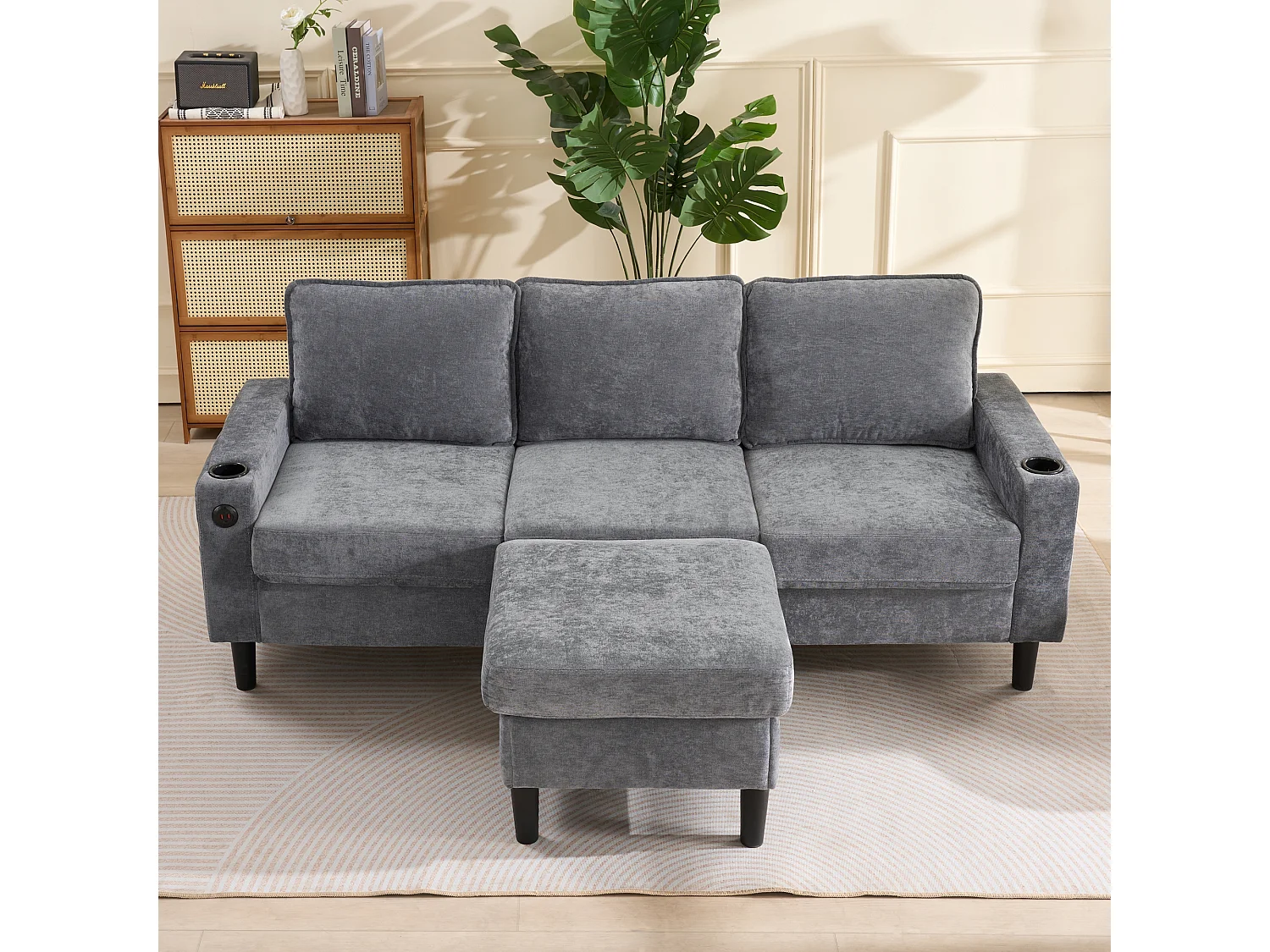 Canapé d'angle reversible 3 places en lin gris, avec ports USB et type-C - 202x137x80cm