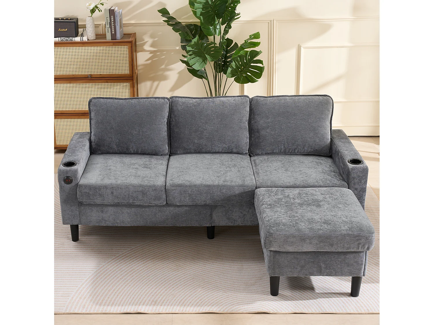 Canapé d'angle reversible 3 places en lin gris, avec ports USB et type-C - 202x137x80cm