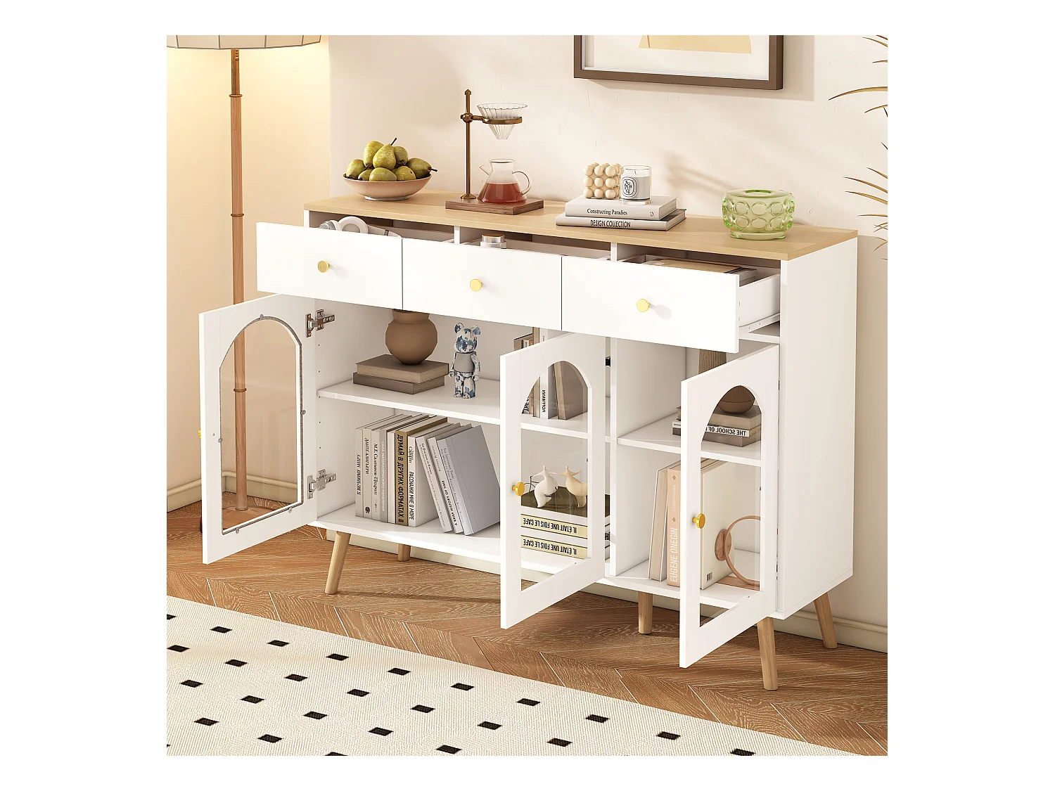 Buffet de cuisine 120x34x94cm avec 3 portes et 3 tiroirs, plateau et pieds en placage bois naturel, blanc