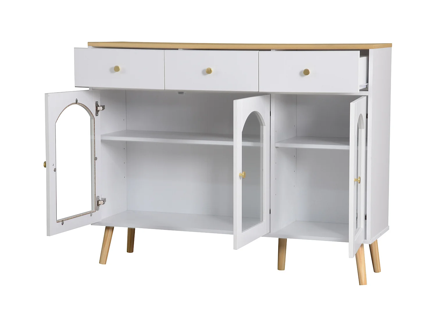 Buffet de cuisine 120x34x94cm avec 3 portes et 3 tiroirs, plateau et pieds en placage bois naturel, blanc