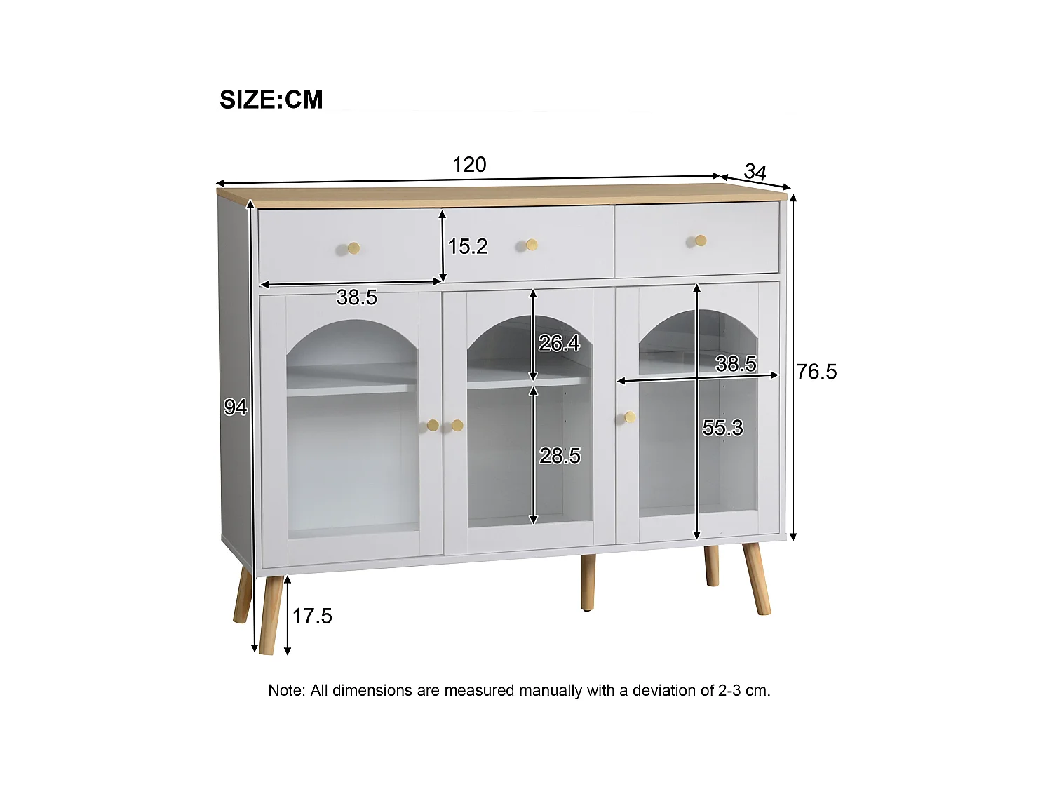 Buffet de cuisine 120x34x94cm avec 3 portes et 3 tiroirs, plateau et pieds en placage bois naturel, blanc