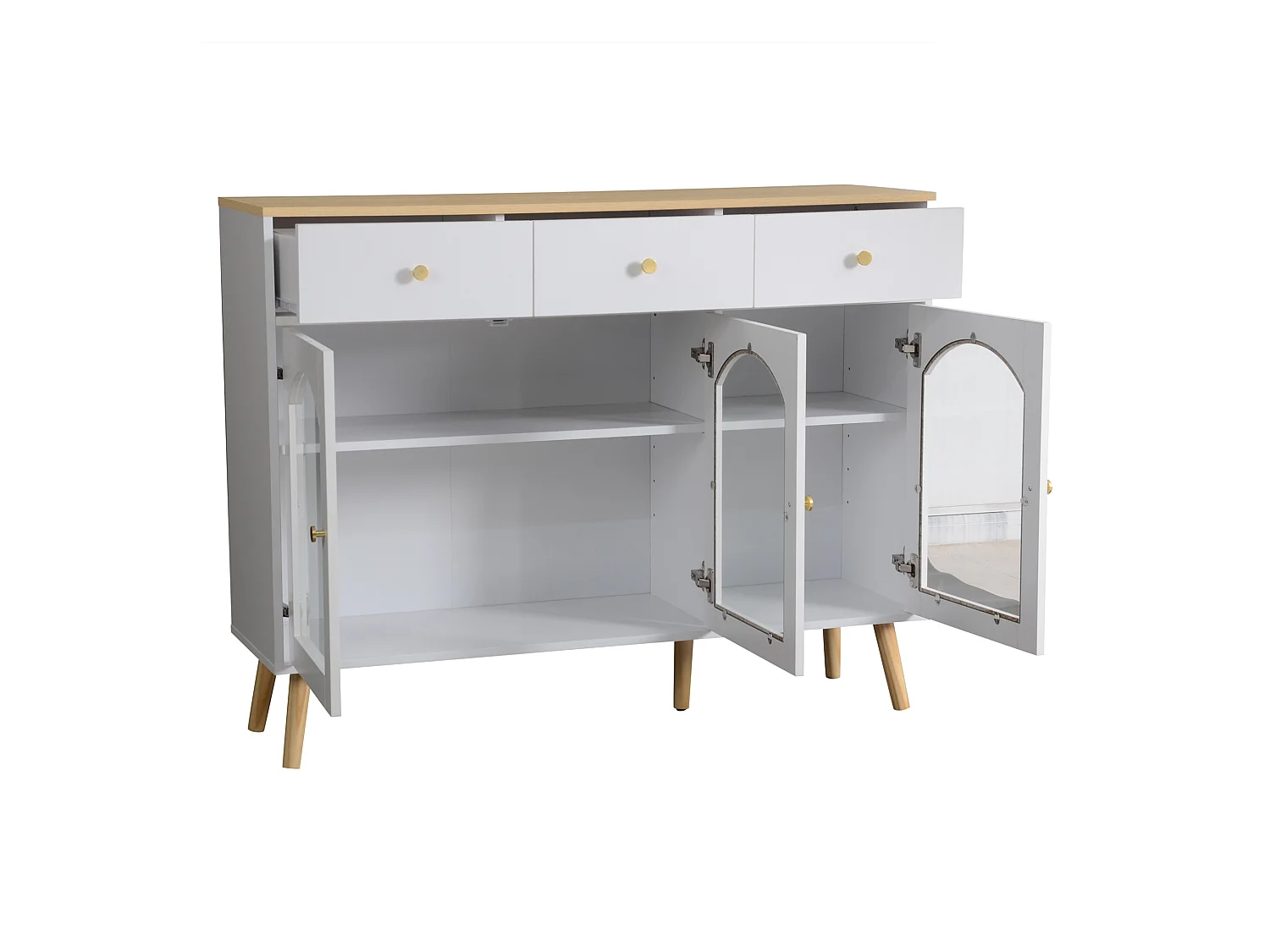 Buffet de cuisine 120x34x94cm avec 3 portes et 3 tiroirs, plateau et pieds en placage bois naturel, blanc