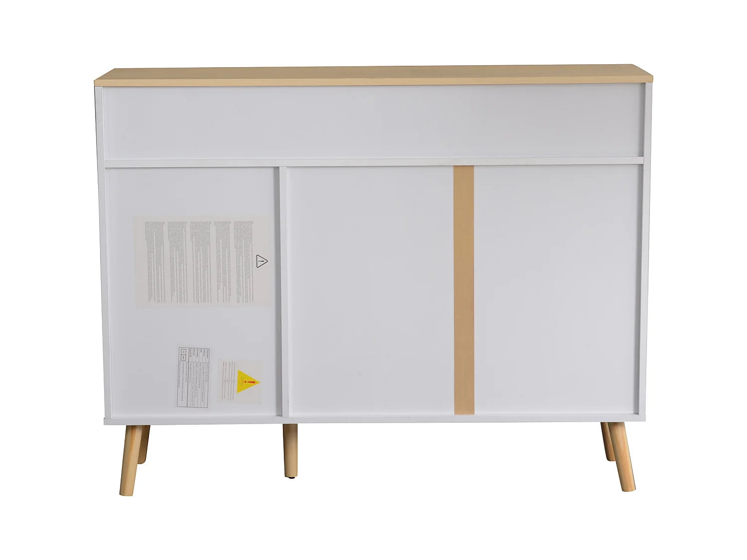 Buffet de cuisine 120x34x94cm avec 3 portes et 3 tiroirs, plateau et pieds en placage bois naturel, blanc