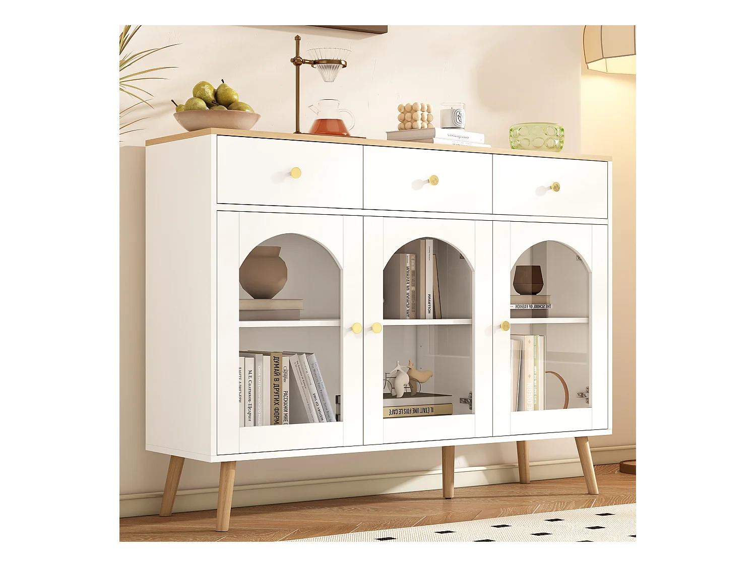 Buffet de cuisine 120x34x94cm avec 3 portes et 3 tiroirs, plateau et pieds en placage bois naturel, blanc