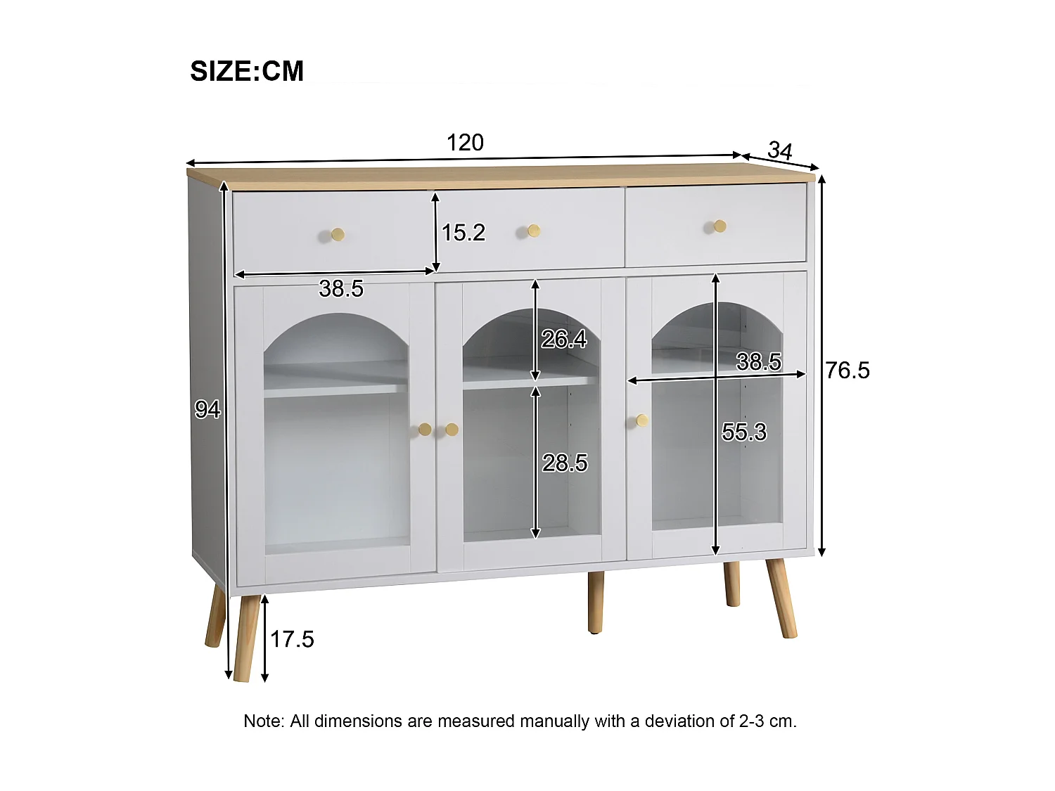Buffet de cuisine 120x34x94cm avec 3 portes et 3 tiroirs, plateau et pieds en placage bois naturel, blanc