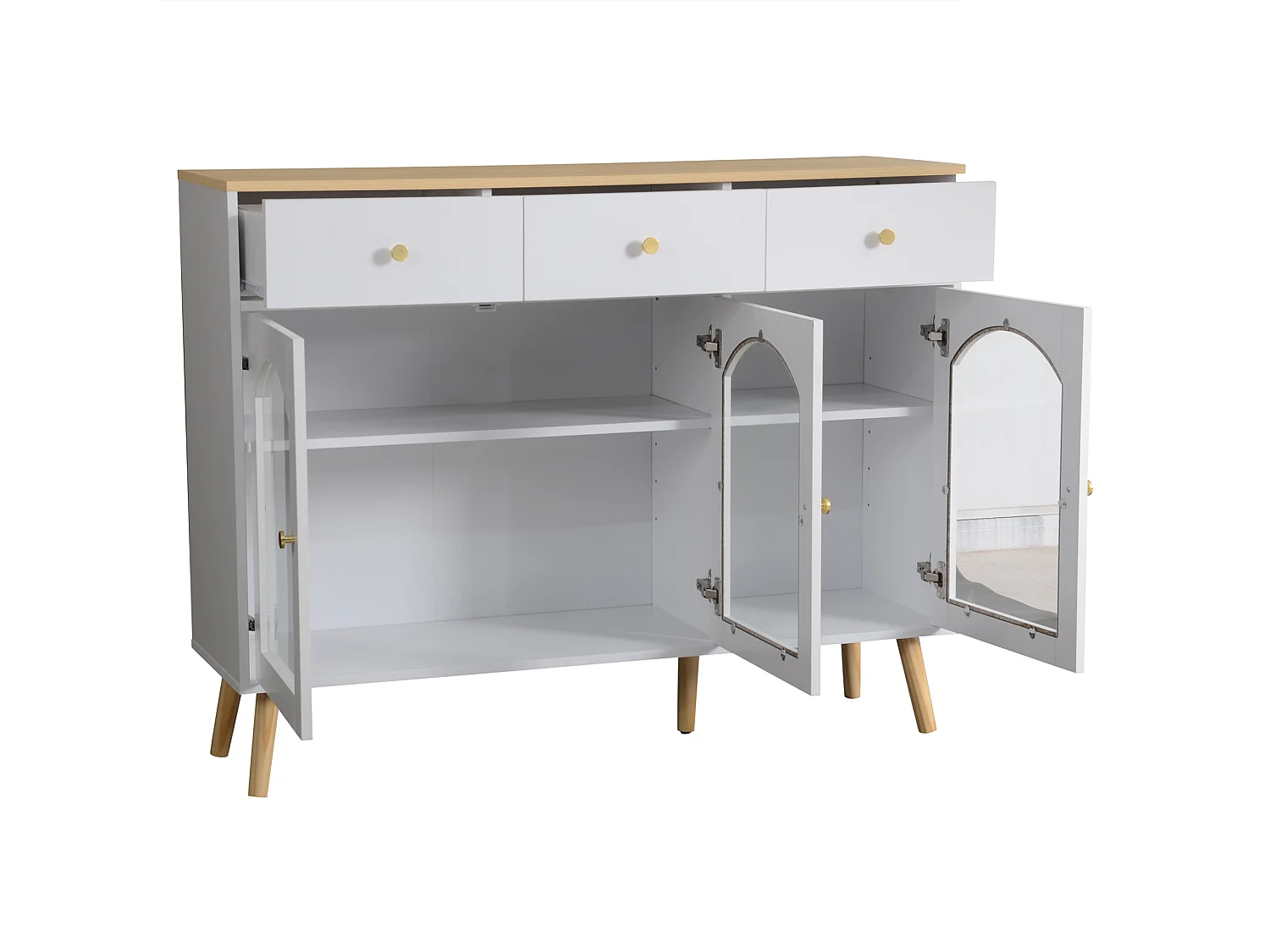 Buffet de cuisine 120x34x94cm avec 3 portes et 3 tiroirs, plateau et pieds en placage bois naturel, blanc