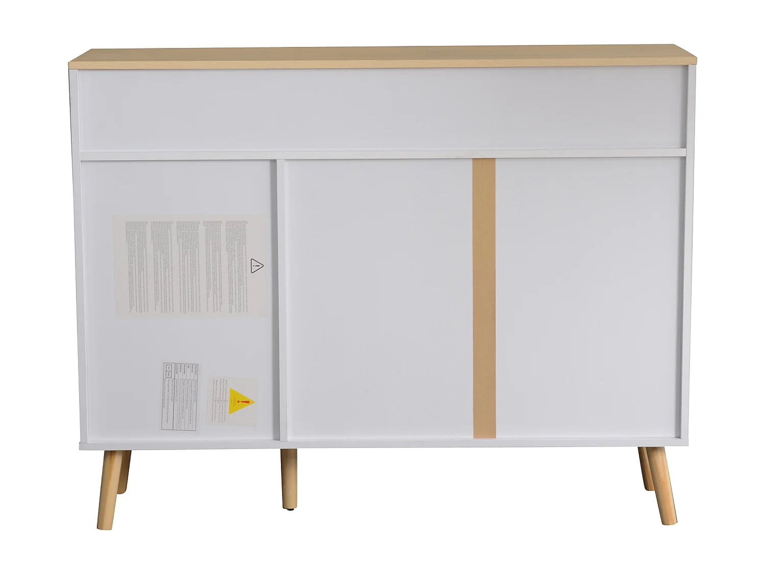 Buffet de cuisine 120x34x94cm avec 3 portes et 3 tiroirs, plateau et pieds en placage bois naturel, blanc