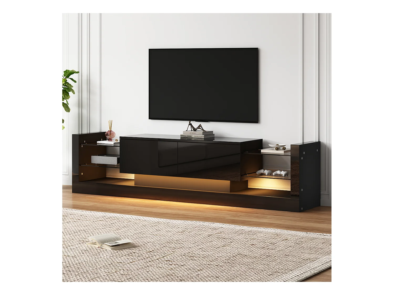 Meuble TV 181x38x38cm avec 2 portes et 4 tablettes en verre, LED inclus, noir