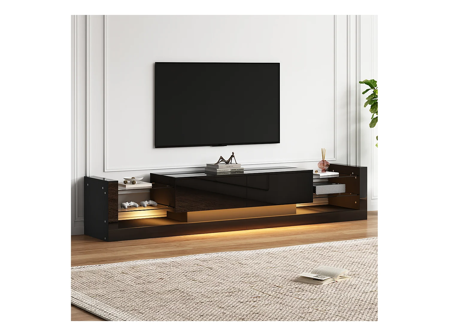 Meuble TV 181x38x38cm avec 2 portes et 4 tablettes en verre, LED inclus, noir