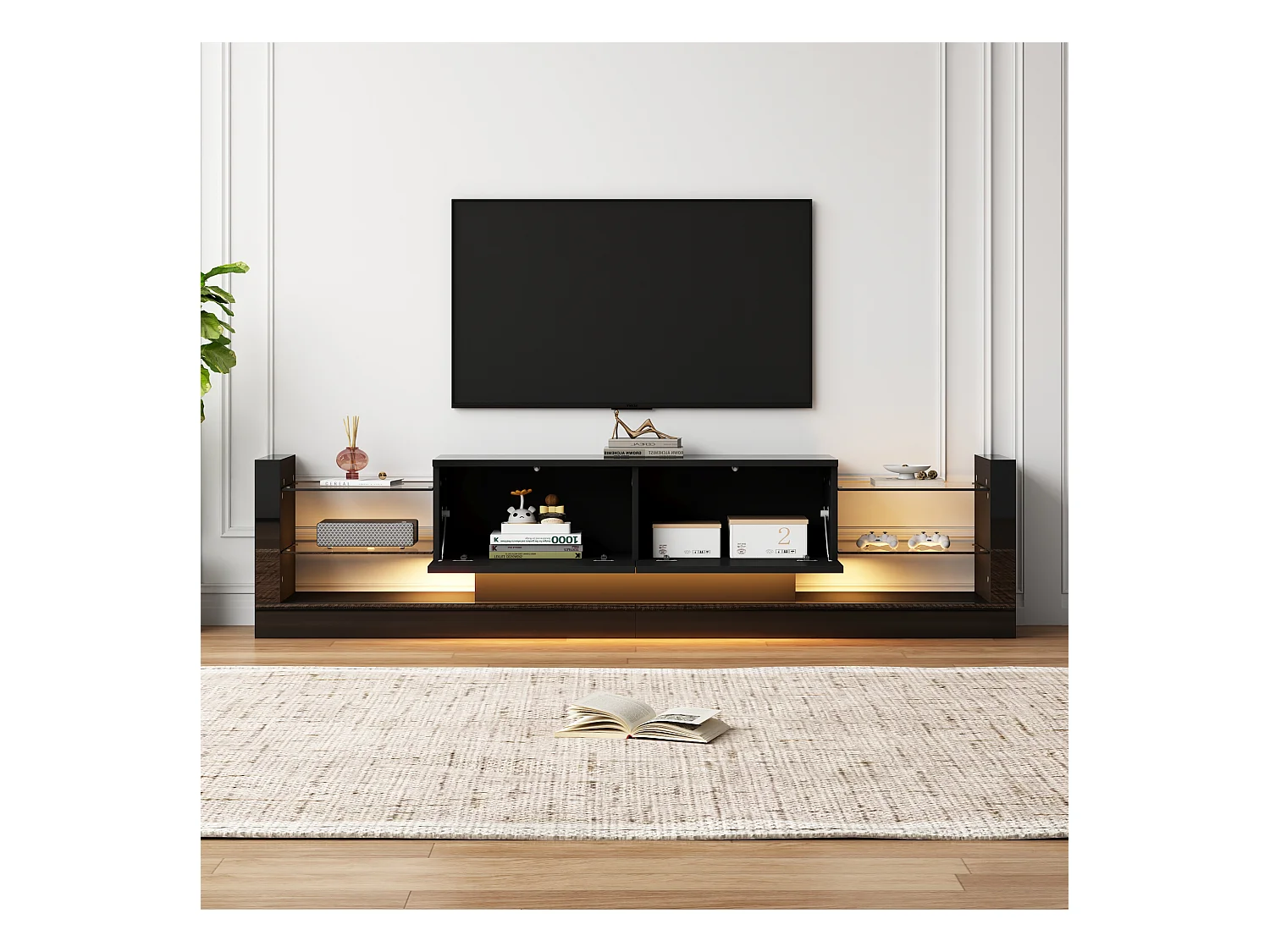 Meuble TV 181x38x38cm avec 2 portes et 4 tablettes en verre, LED inclus, noir