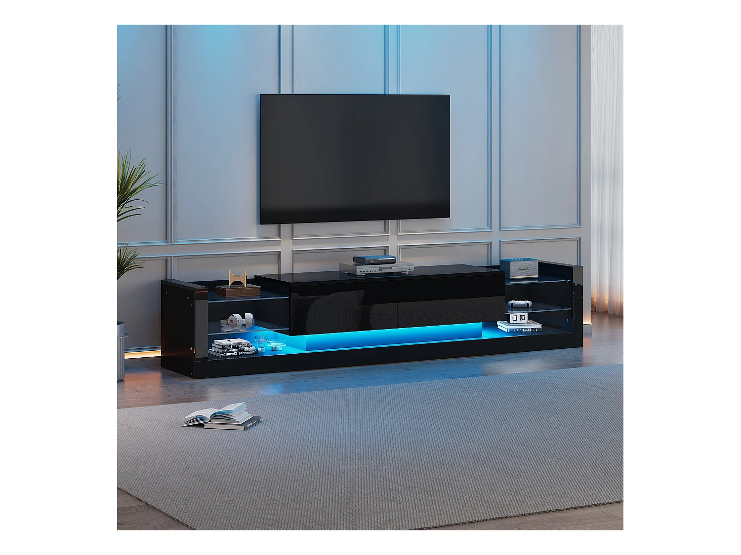 Meuble TV 181x38x38cm avec 2 portes et 4 tablettes en verre, LED inclus, noir