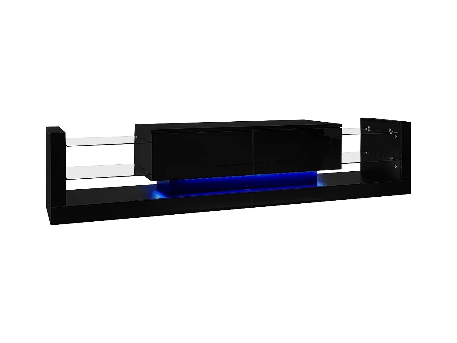 Meuble TV 181x38x38cm avec 2 portes et 4 tablettes en verre, LED inclus, noir