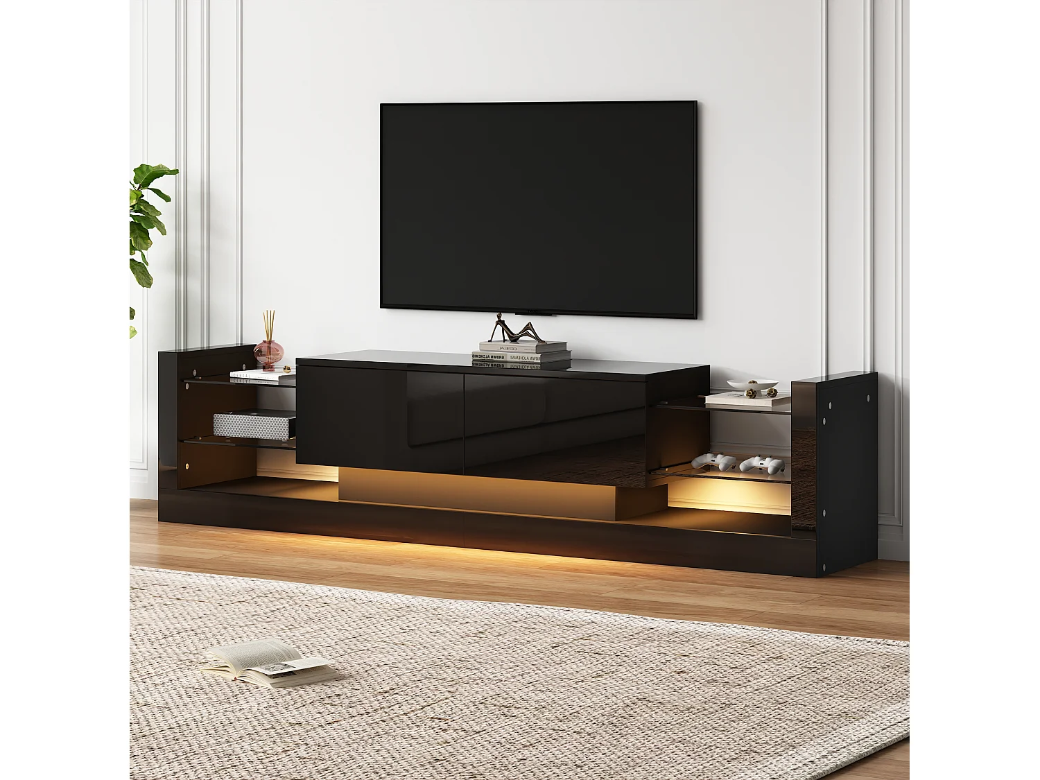 Meuble TV 181x38x38cm avec 2 portes et 4 tablettes en verre, LED inclus, noir