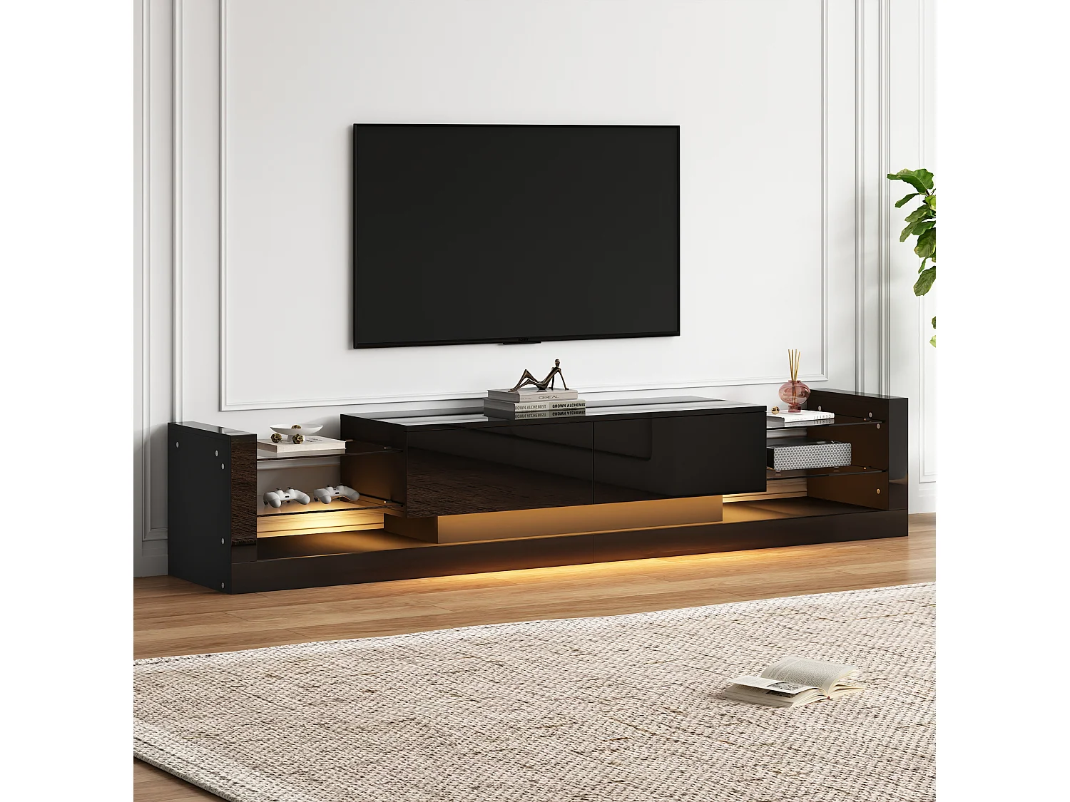 Meuble TV 181x38x38cm avec 2 portes et 4 tablettes en verre, LED inclus, noir