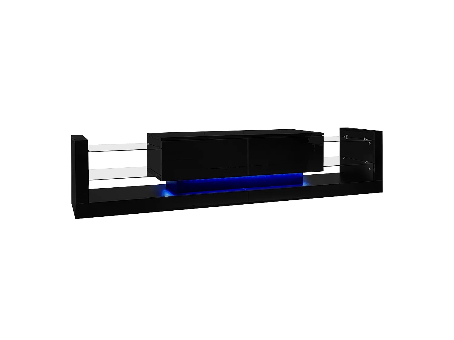 Meuble TV 181x38x38cm avec 2 portes et 4 tablettes en verre, LED inclus, noir