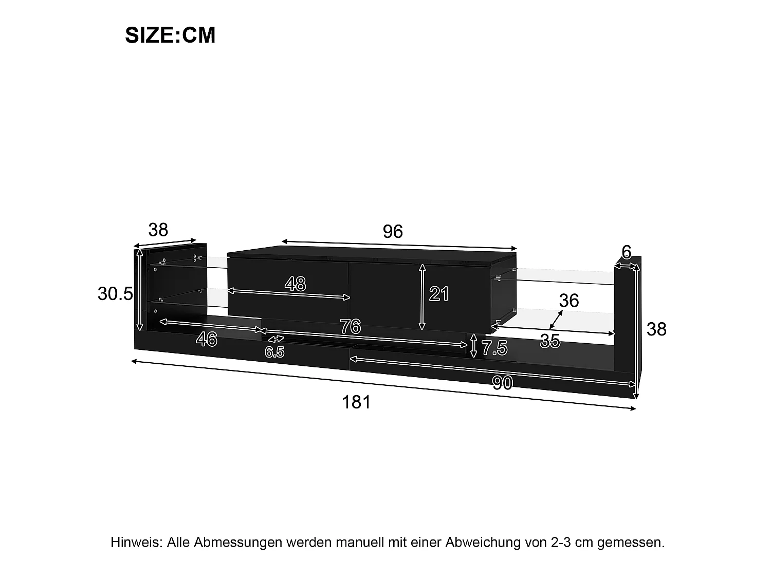 Meuble TV 181x38x38cm avec 2 portes et 4 tablettes en verre, LED inclus, noir