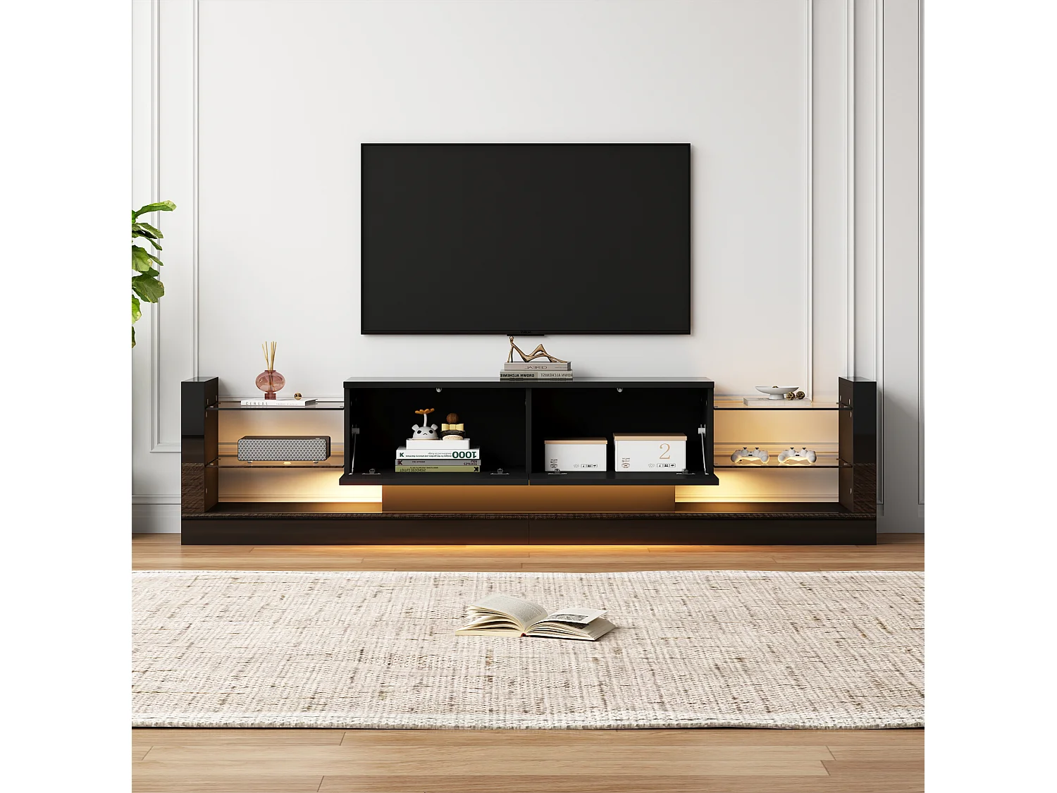 Meuble TV 181x38x38cm avec 2 portes et 4 tablettes en verre, LED inclus, noir