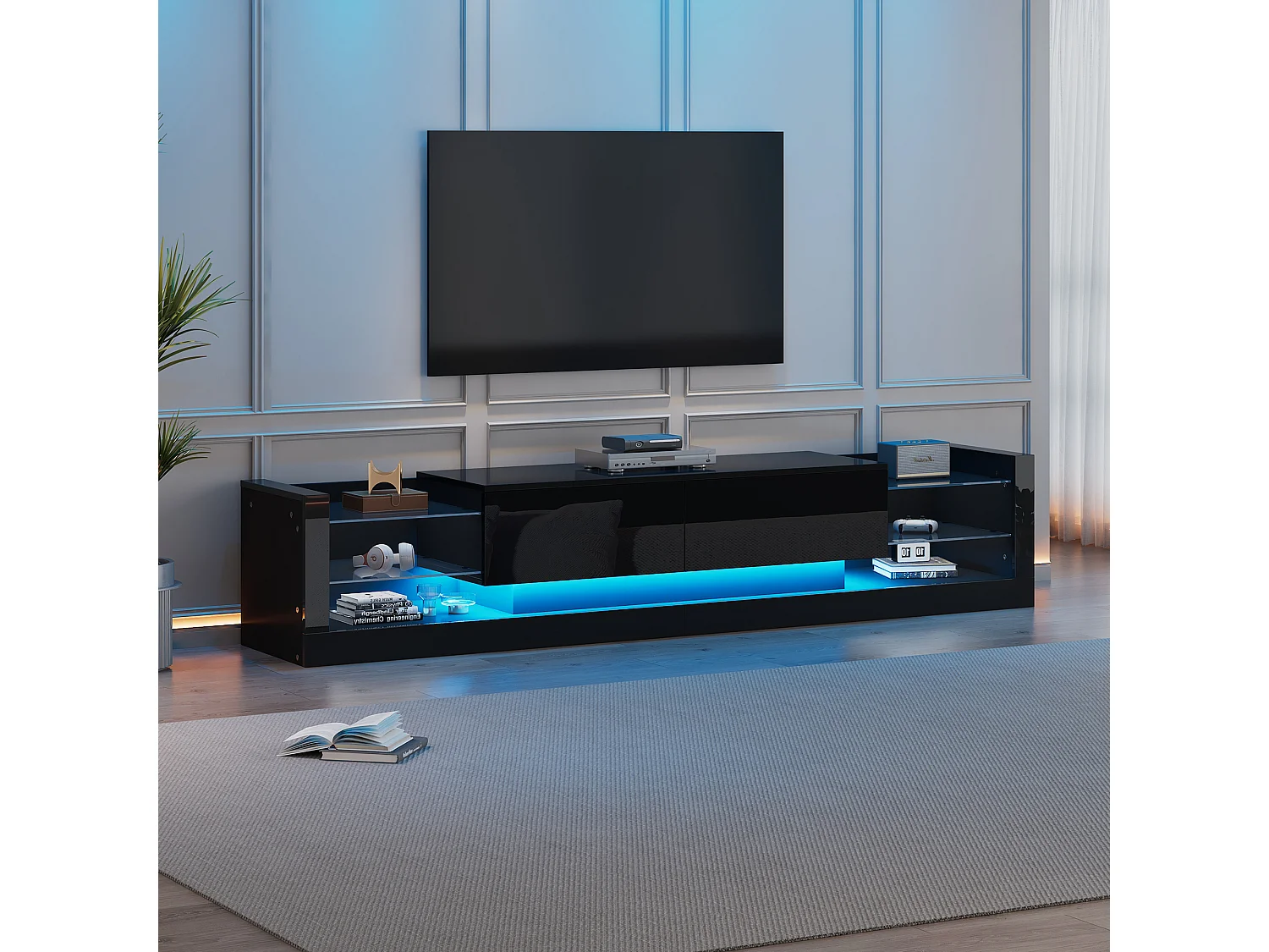 Meuble TV 181x38x38cm avec 2 portes et 4 tablettes en verre, LED inclus, noir