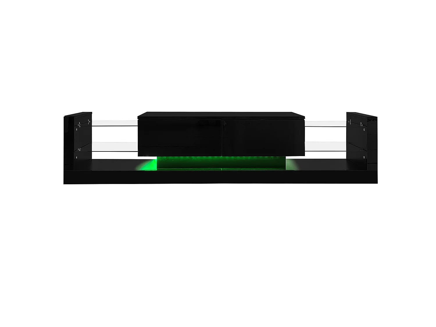 Meuble TV 181x38x38cm avec 2 portes et 4 tablettes en verre, LED inclus, noir