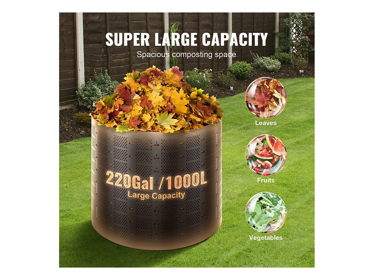 Composteur de Jardin SucceBuy, 220 Gal/1000 L, Extérieur, Installation Facile et Grande Capacité, Fertilisation Rapide du Sol