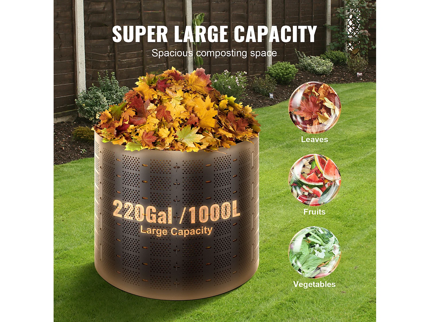 Composteur de Jardin SucceBuy, 220 Gal/1000 L, Extérieur, Installation Facile et Grande Capacité, Fertilisation Rapide du Sol