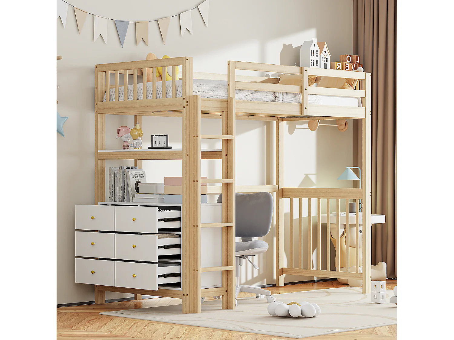 Kinderhoogslaper 90x200cm met lades en opbergplanken, grenen, naturel en wit, zonder matras