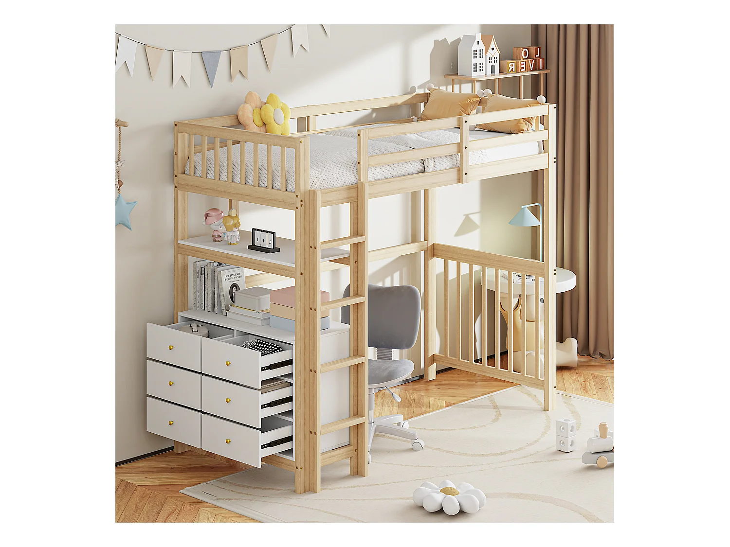 Kinderhoogslaper 90x200cm met lades en opbergplanken, grenen, naturel en wit, zonder matras