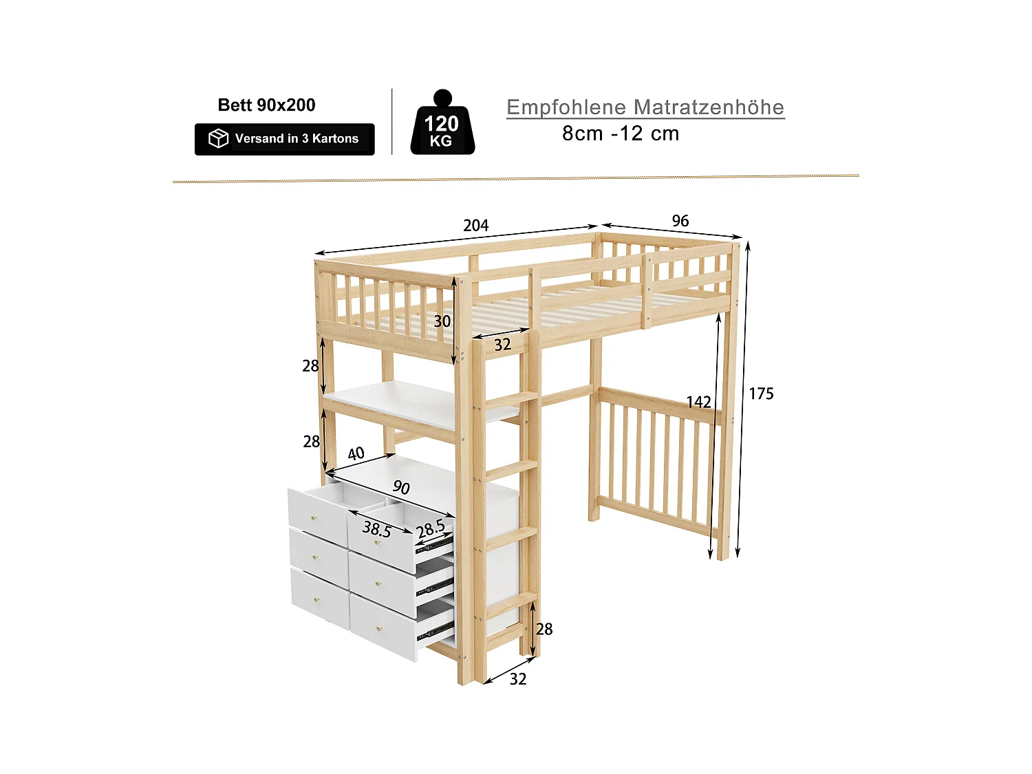 Kinderhoogslaper 90x200cm met lades en opbergplanken, grenen, naturel en wit, zonder matras