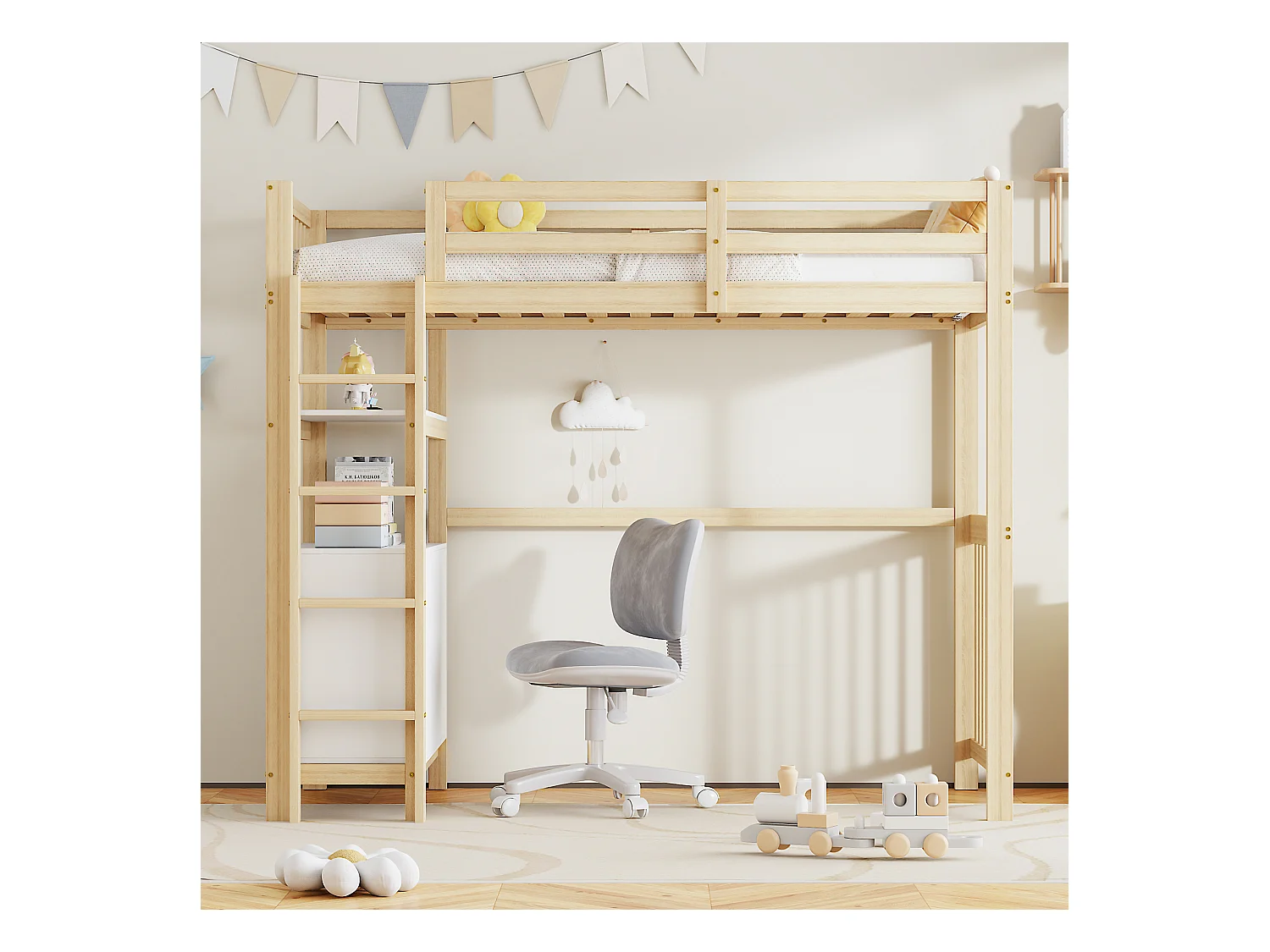 Kinderhoogslaper 90x200cm met lades en opbergplanken, grenen, naturel en wit, zonder matras