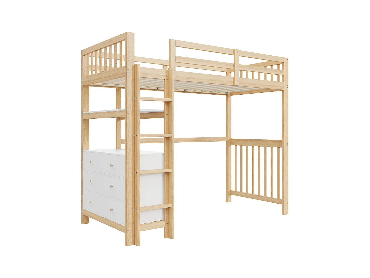 Kinderhoogslaper 90x200cm met lades en opbergplanken, grenen, naturel en wit, zonder matras