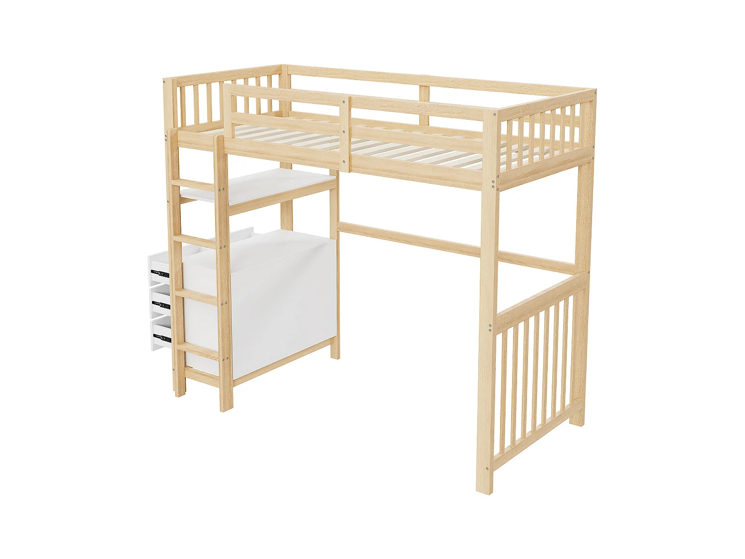 Kinderhoogslaper 90x200cm met lades en opbergplanken, grenen, naturel en wit, zonder matras
