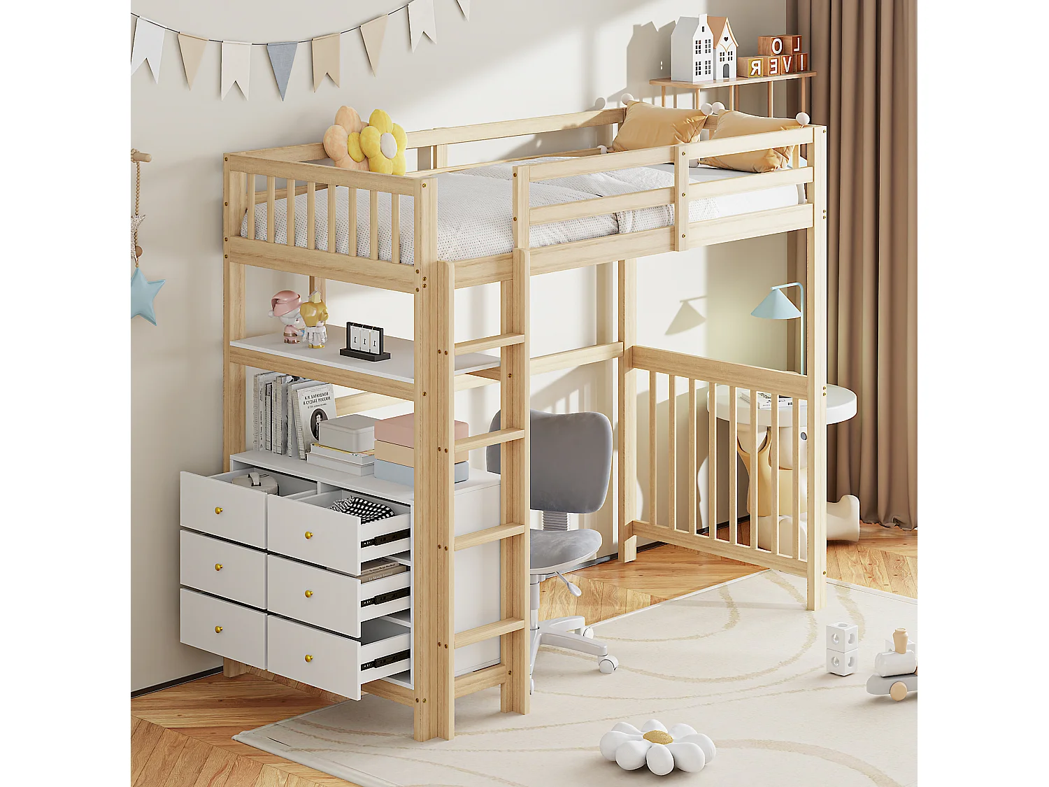 Lit mezzanine enfant 90x200cm avec tiroirs et étagères de rangement, pin, naturel et blanc, sans matelas