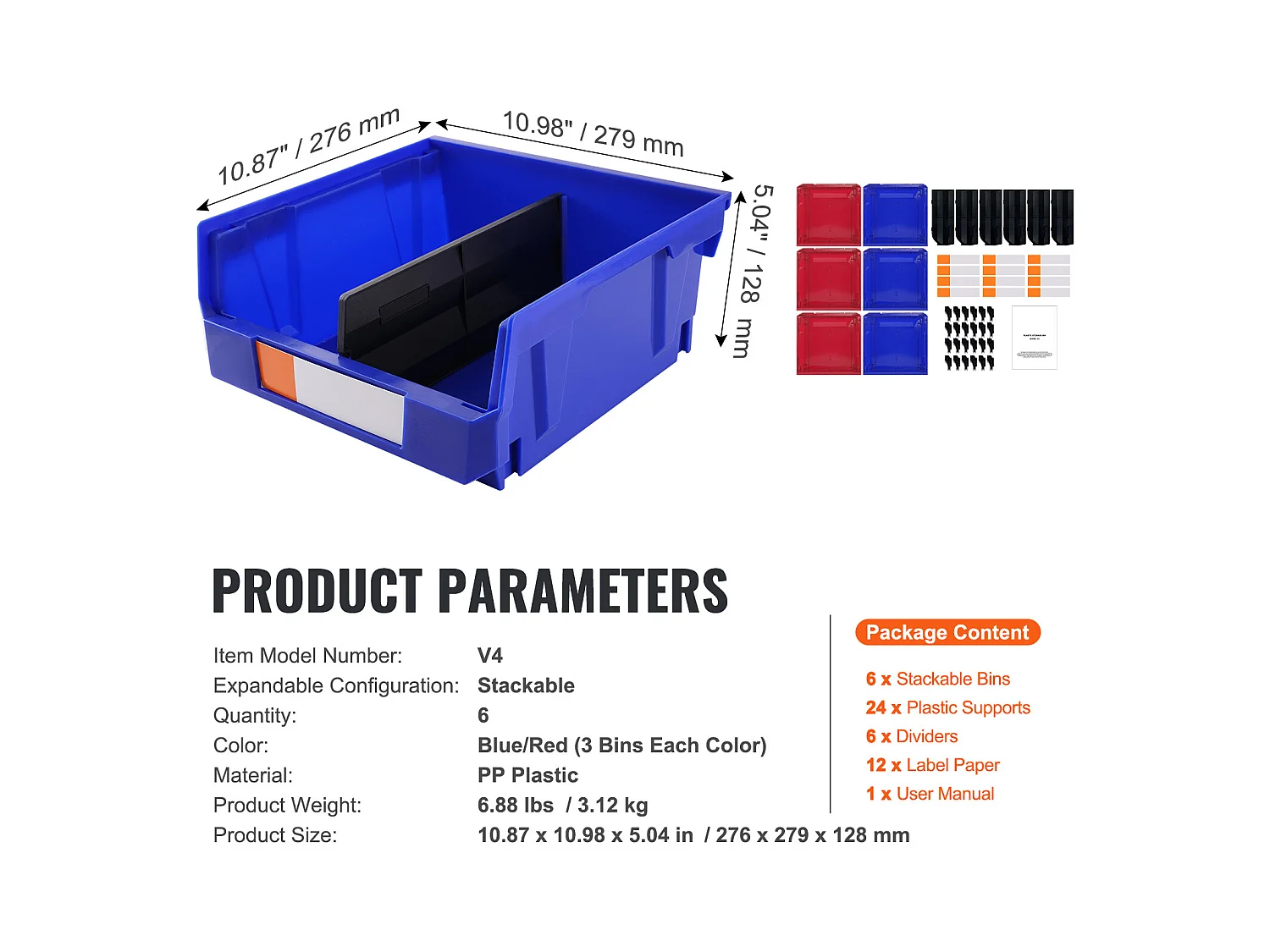 Bacs de Rangement SucceBuy Empilables Suspendus, Lot de 6 Boîtes de Rangement en Plastique, Bleu/Rouge