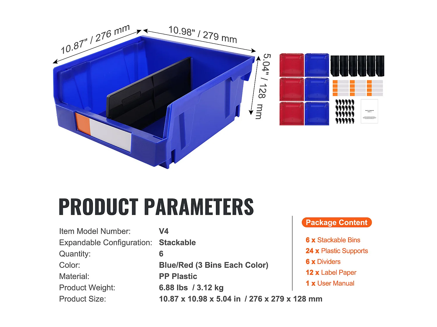 Bacs de Rangement SucceBuy Empilables Suspendus, Lot de 6 Boîtes de Rangement en Plastique, Bleu/Rouge