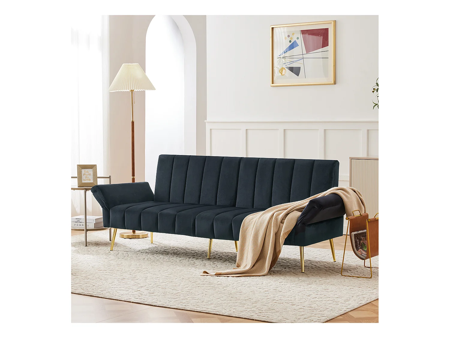 Canapé droit 2 places convertible en velours noir, dossier et accoudoirs rabattable -183x76x75cm