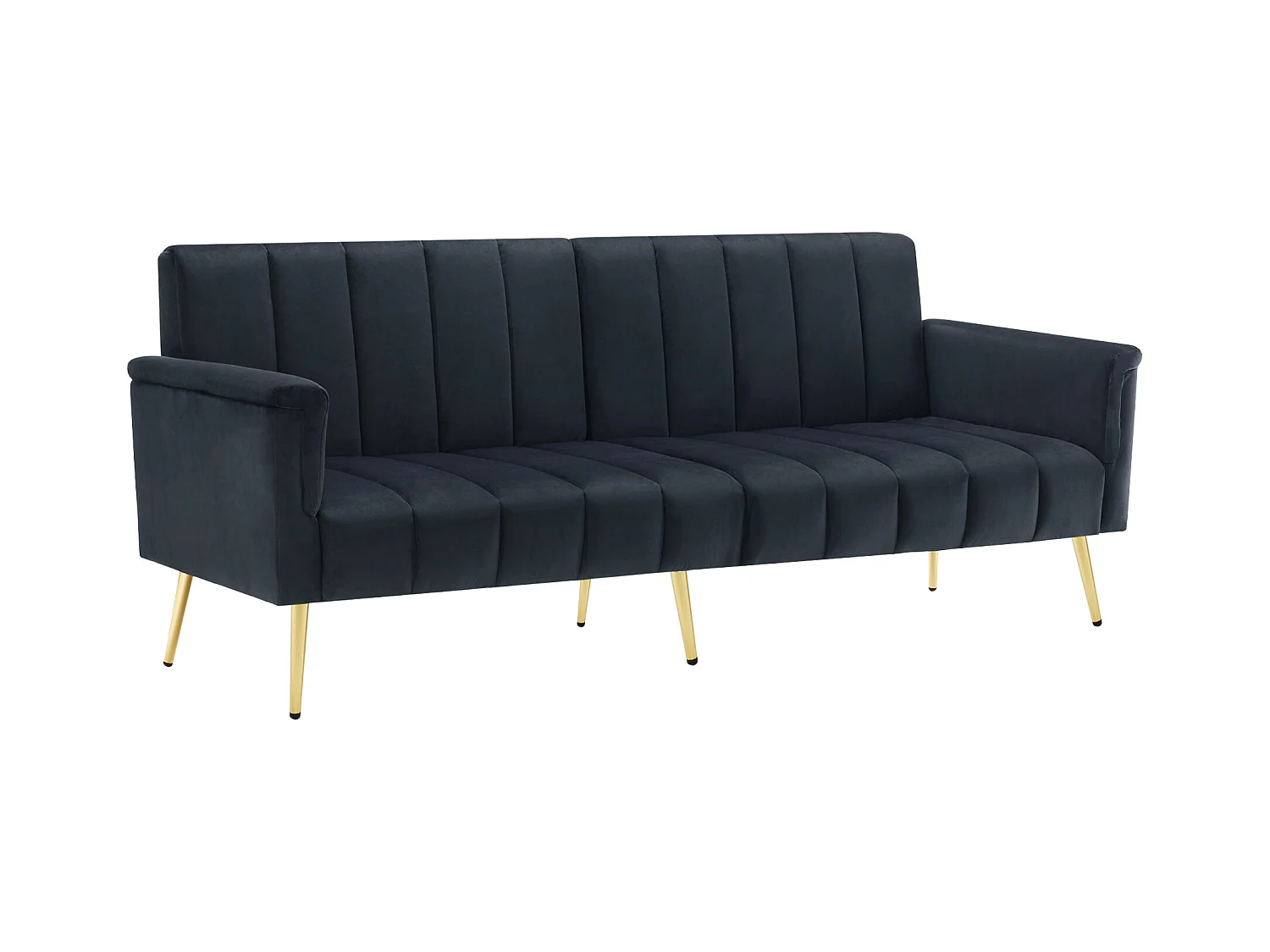 Canapé droit 2 places convertible en velours noir, dossier et accoudoirs rabattable -183x76x75cm