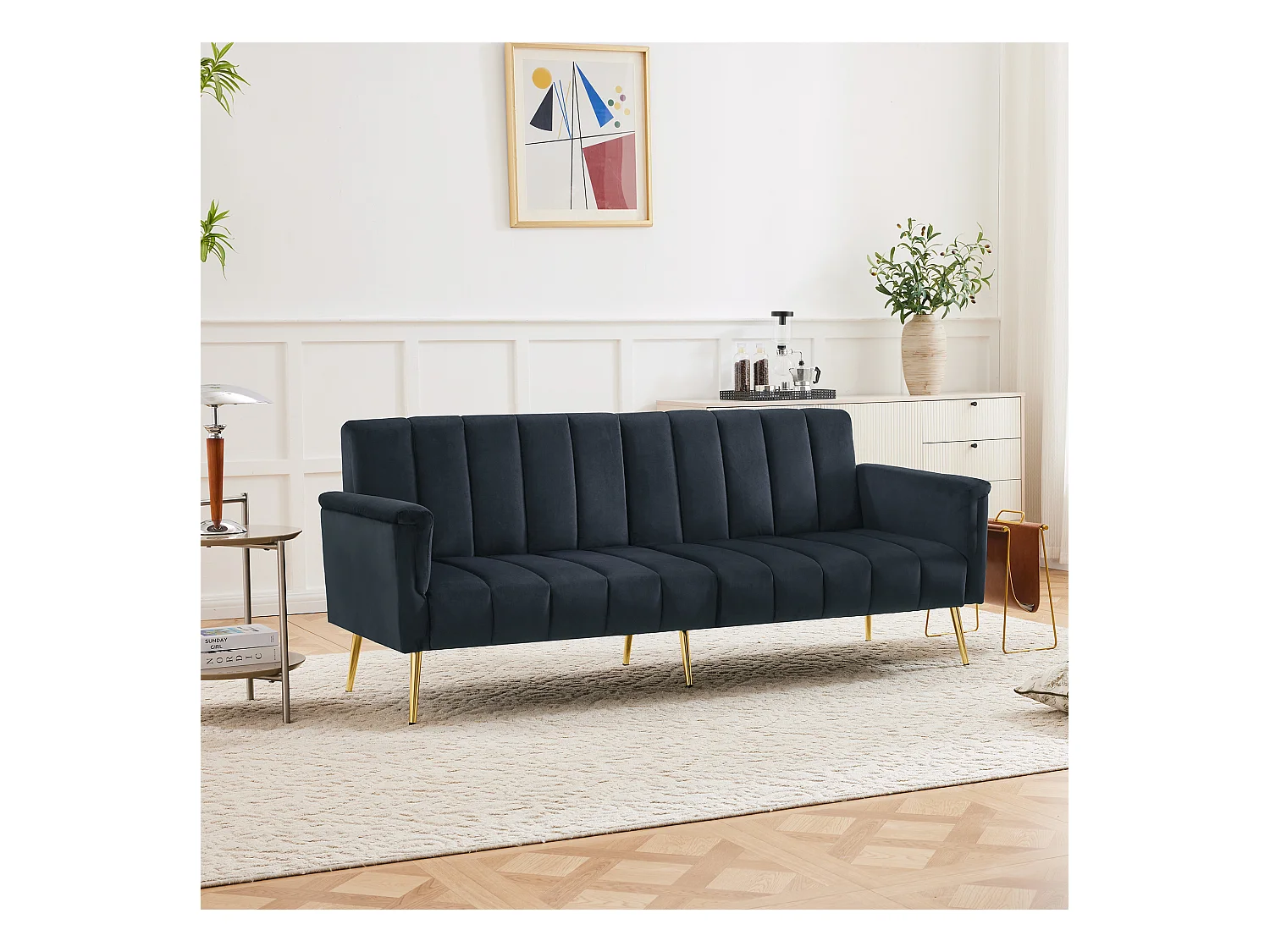 Canapé droit 2 places convertible en velours noir, dossier et accoudoirs rabattable -183x76x75cm