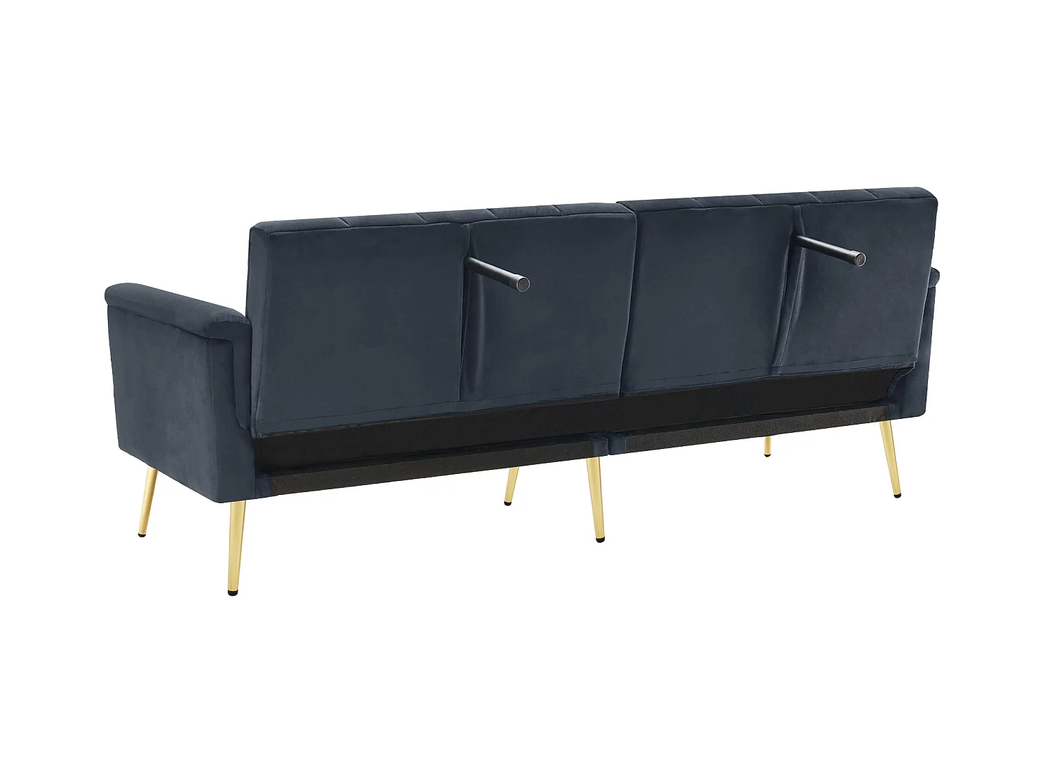 Canapé droit 2 places convertible en velours noir, dossier et accoudoirs rabattable -183x76x75cm