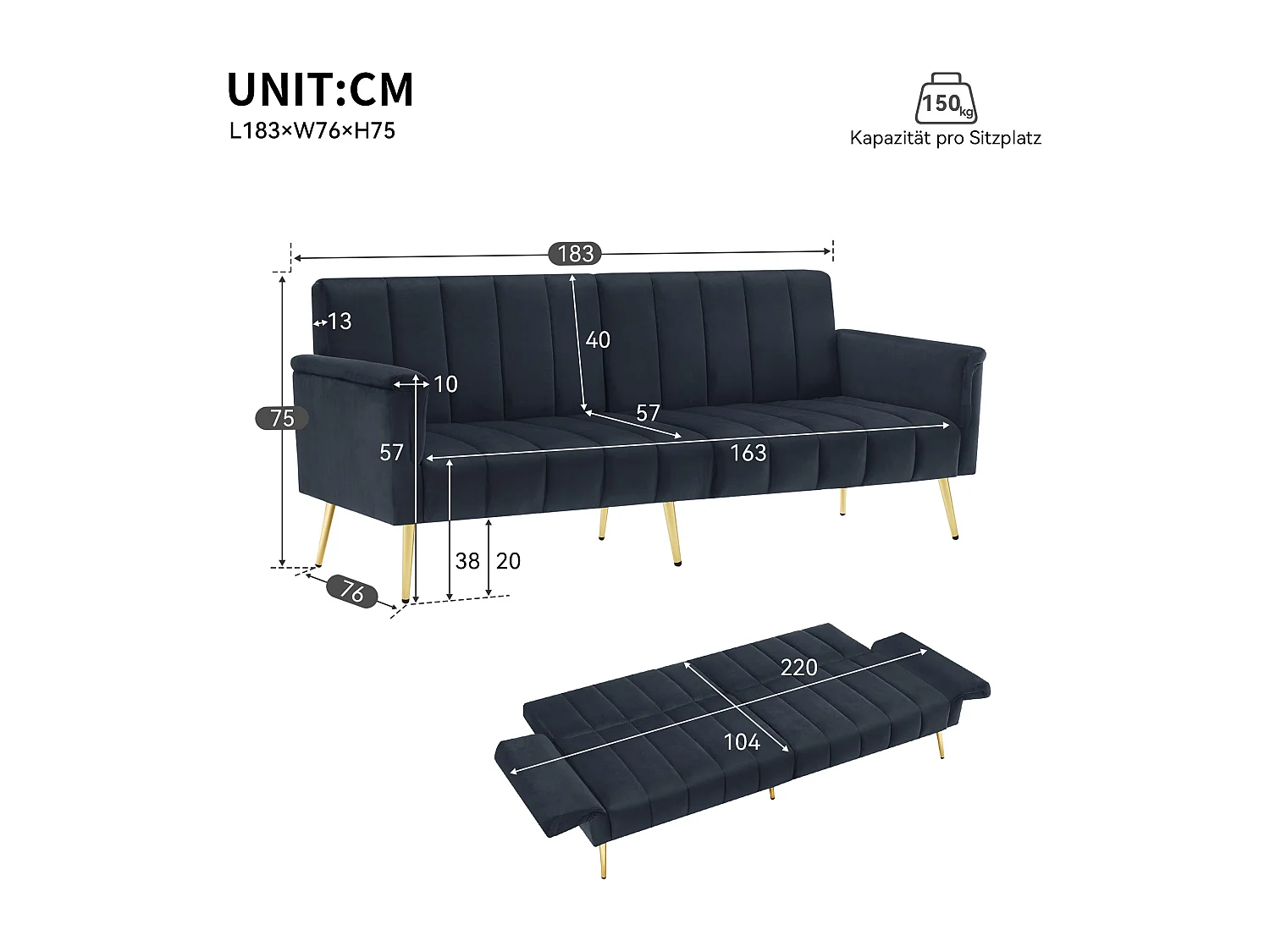 Canapé droit 2 places convertible en velours noir, dossier et accoudoirs rabattable -183x76x75cm