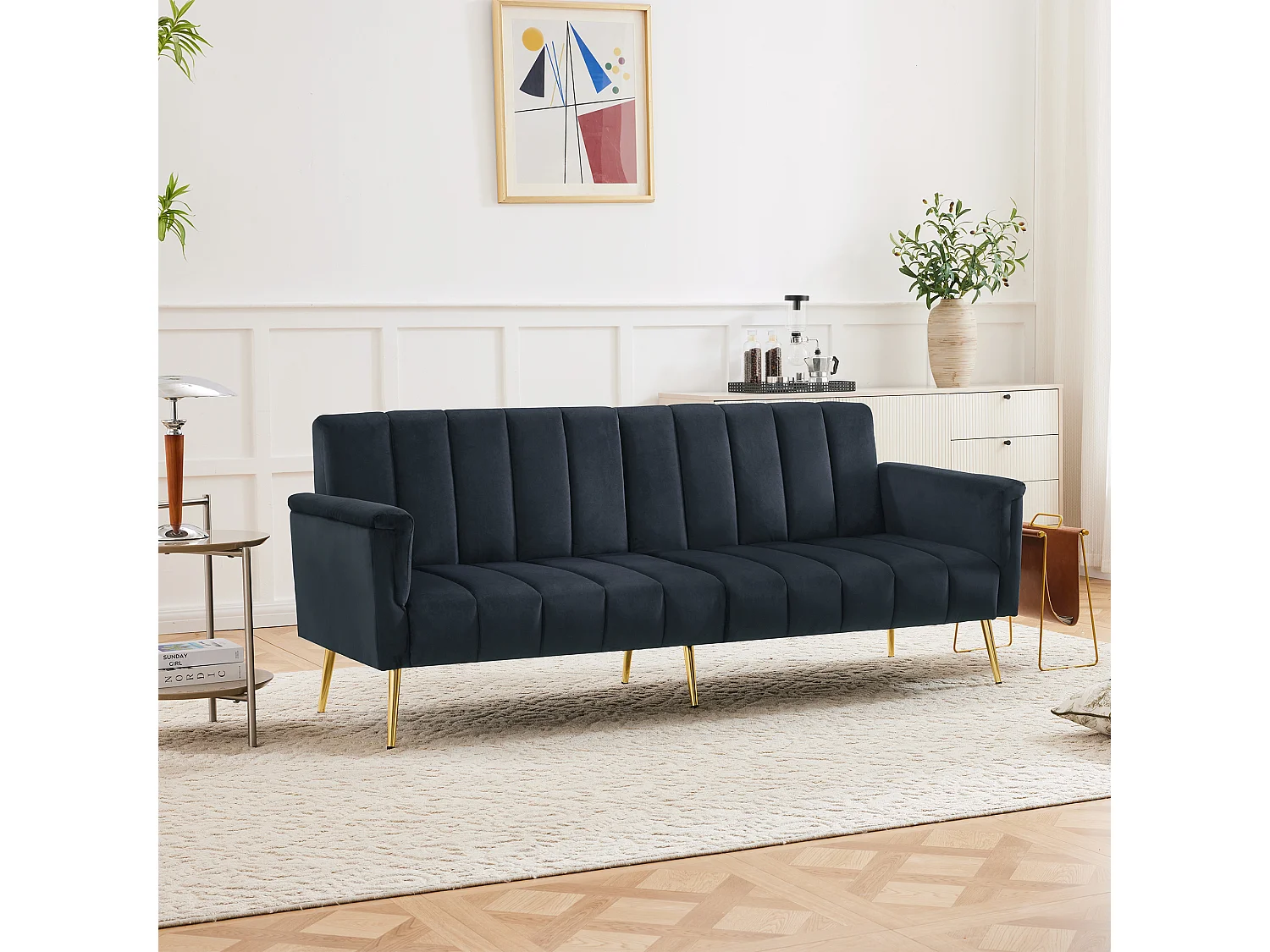 Canapé droit 2 places convertible en velours noir, dossier et accoudoirs rabattable -183x76x75cm