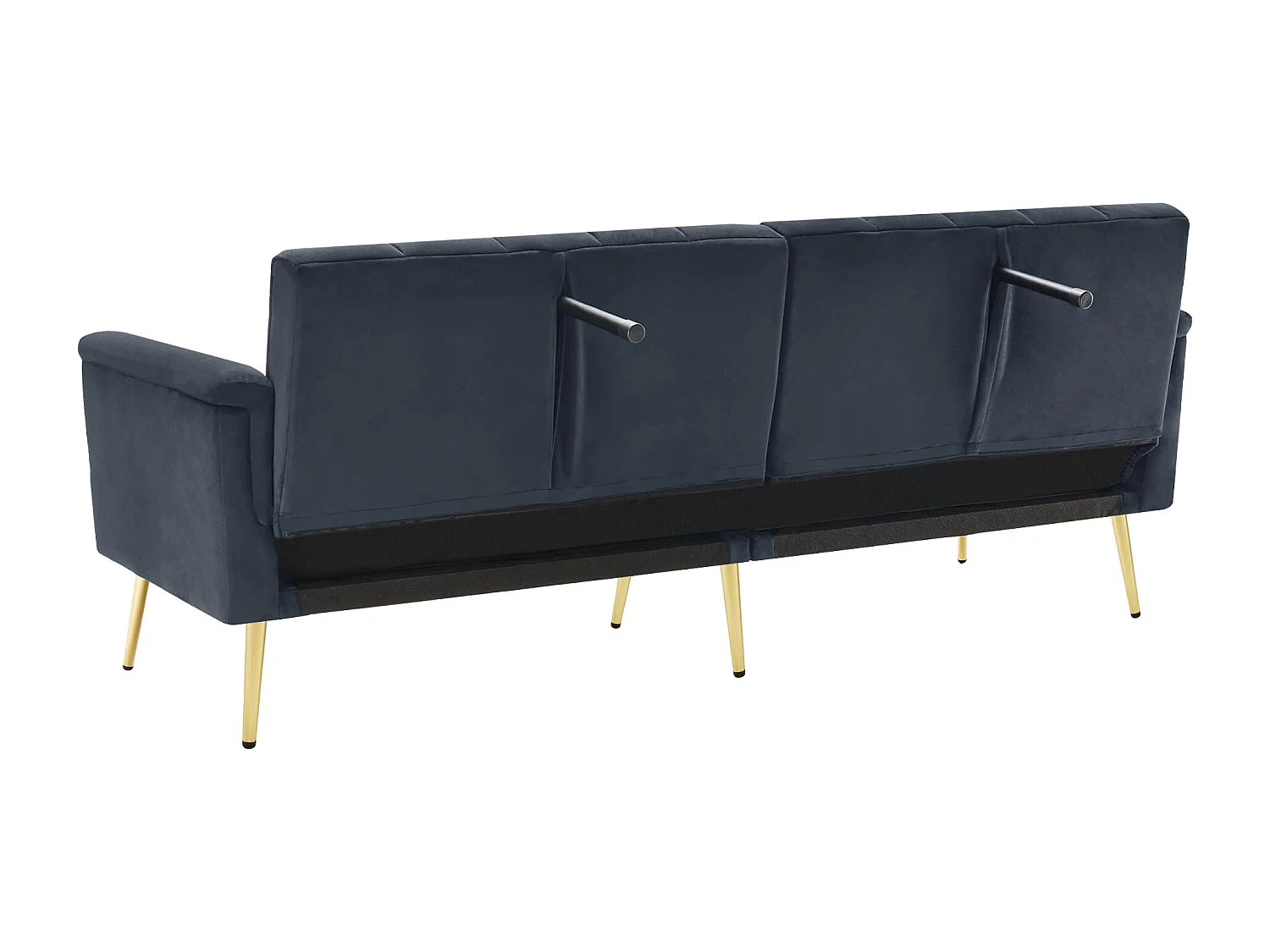 Canapé droit 2 places convertible en velours noir, dossier et accoudoirs rabattable -183x76x75cm