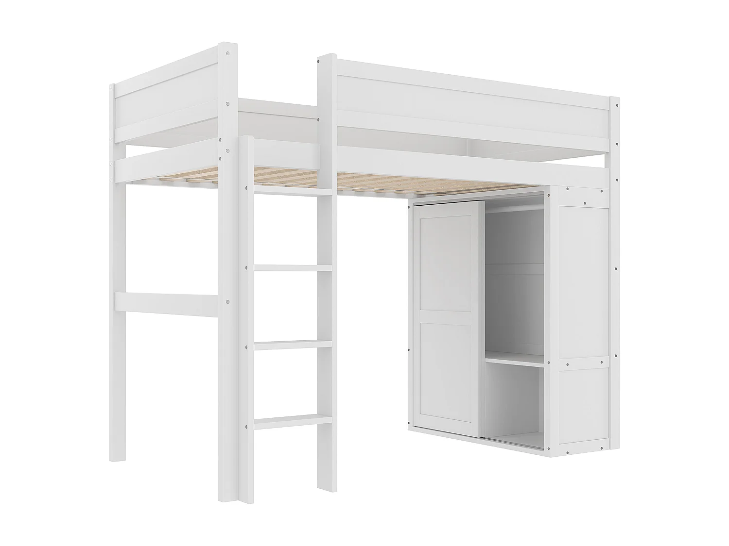 Lit mezzanine enfant 90x200cm avec escalier et penderie, Barrière de sécurité robuste, cadre en pin, blanc, sans matelas
